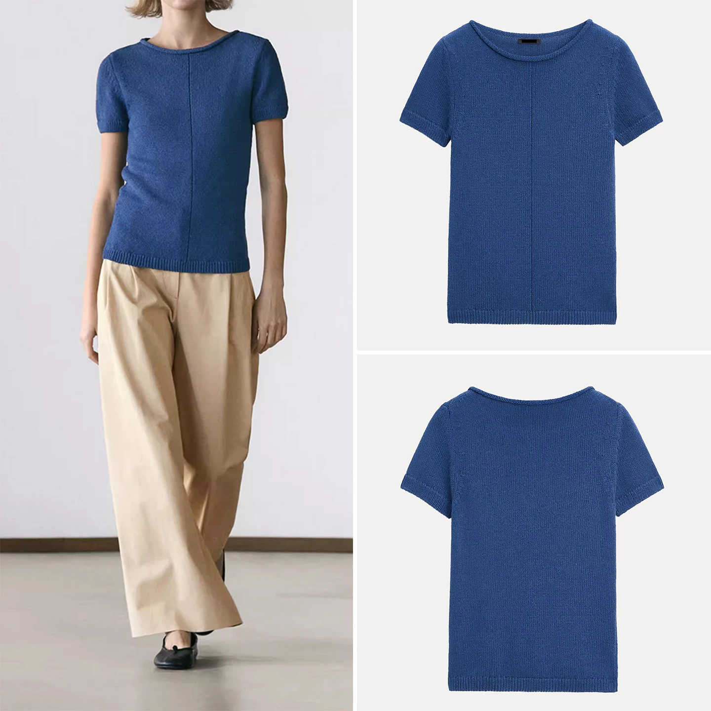 

Women's Knitted Short Sleeve round Neck Color Commute Style Pure Color Versatile Spring New Arrival Zadata Slim Fit