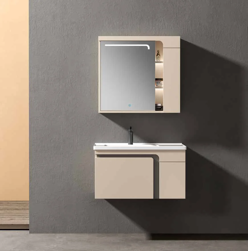 

Modern Luxury LED for Bathroom Vanity Solid Wood Easy Clean Ceramic Basin Countertop Mirror Cabinet