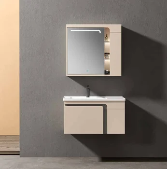 Modern Luxury LED for Bathroom Vanity Solid Wood Easy Clean Ceramic Basin Countertop Mirror Cabinet
