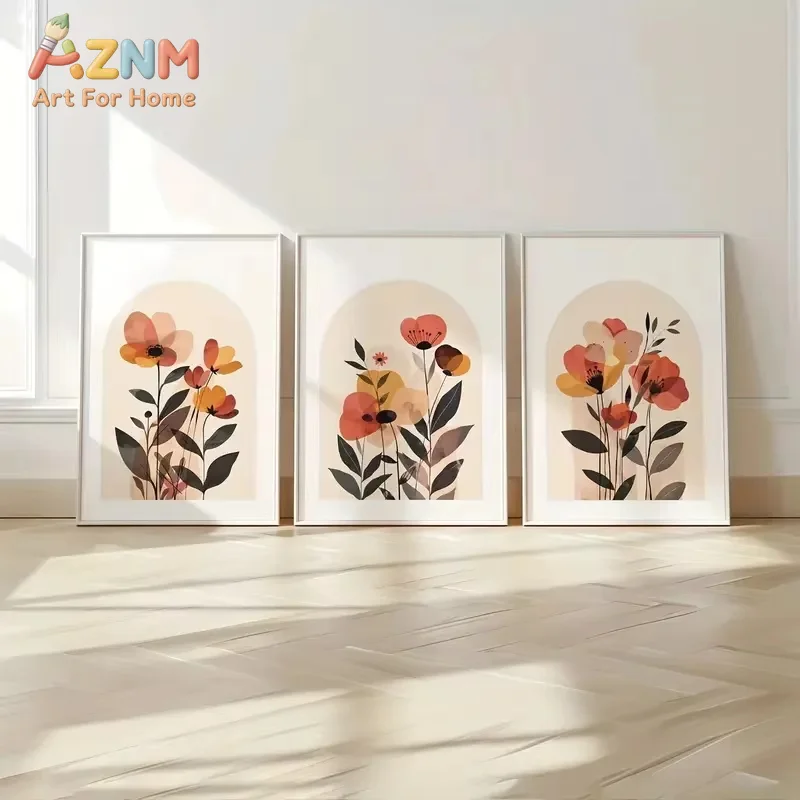 AZNM3pcs Beige Bohemian-style Abstract Floral Print Art Canvas Poster Plant Autumn Bedroom Living Room Corridor Wall Decoration