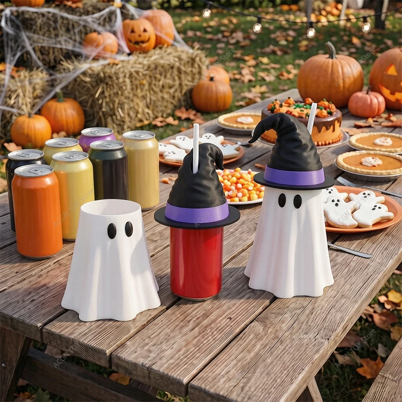 3D Printed Halloween Ghost Can Sleeve Witch Hat Can Topper Party Decoration Cup Protector, Holiday Gift
