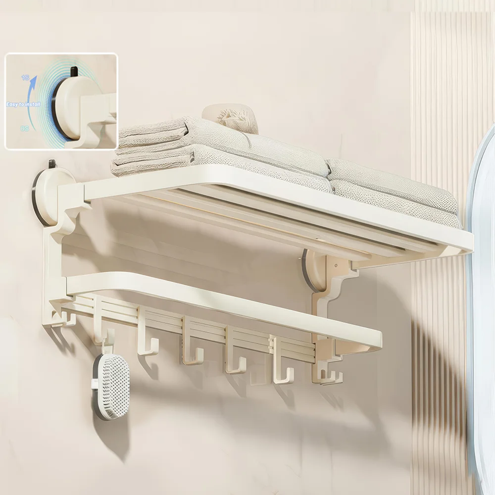 

ORIENTAL YUHONG Suction Cup Foldable Towel Rack Bath Towel Space Aluminum Holder With Hooks Wall Mounted Bathroom 50cm/60cm