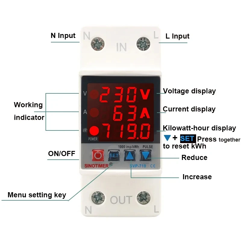 New Din Rail Dual Display Adjustable Over Voltage Current and Under Voltage Protective Device Protector Relay 40A 63A 220V 230V