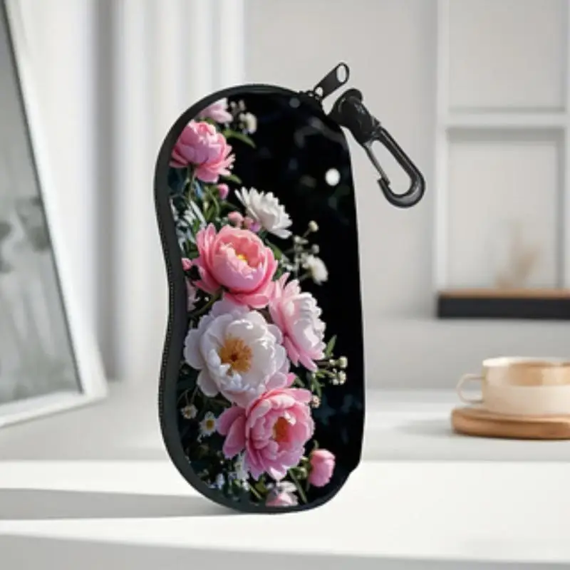 Floral Waterproof Eyeglass Organizer Keychain 1Pcs with Carabiner Lightweight Glasses Bag for Travel Hiking Use