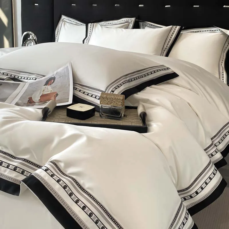 White Egyptian Cotton Bedding Sets Luxury Black Stripe Embroidery Duvet Cover Set Bed Sheet Pillowcases Solid Color Home Textile