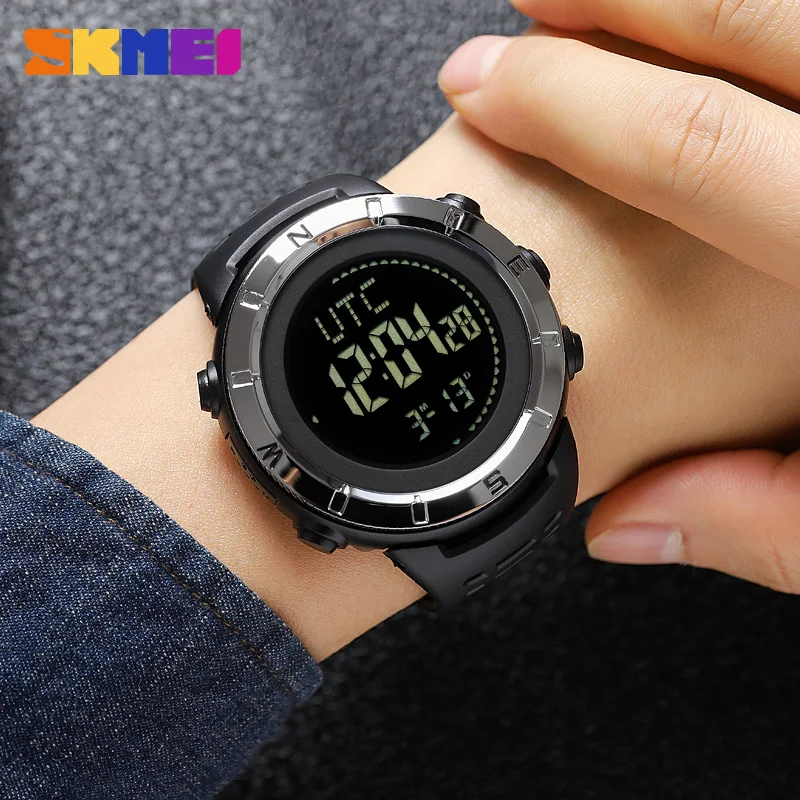 SKMEI นาฬิกาข้อมือดิจิตอลสำหรับผู้ชาย, นาฬิกาดิจิตอลกีฬาทหารนาฬิกาจับเวลามัลติฟังก์ชั่นมีเข็มทิศบอกวันที่กันน้ำมีไฟ LED