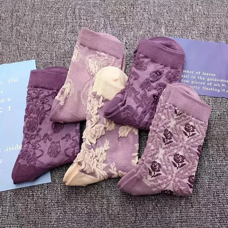 5 Pairs of Retro Purple Flower Socks With Jacquard Embossed Cotton Mid Calf Socks Suitable for Women's Casual Daily Wear