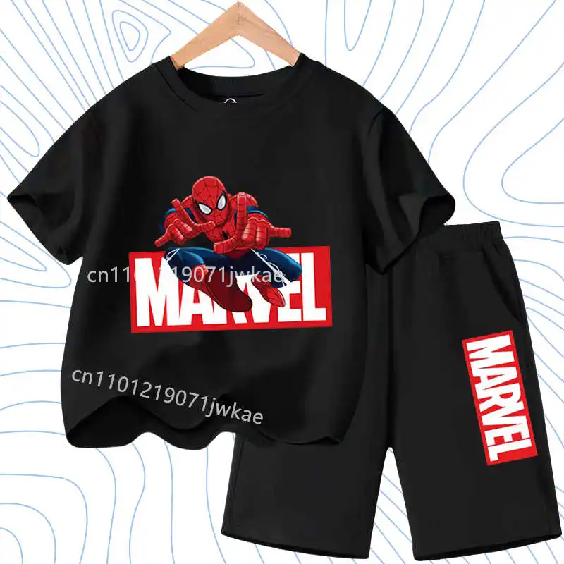Conjuntos Casuais para Meninos da Marvel, Camiseta Respirável com Bolso e Shorts, Conjunto de Duas Peças para o Verão, Roupa Esportiva com Estampa de Desenhos Animados