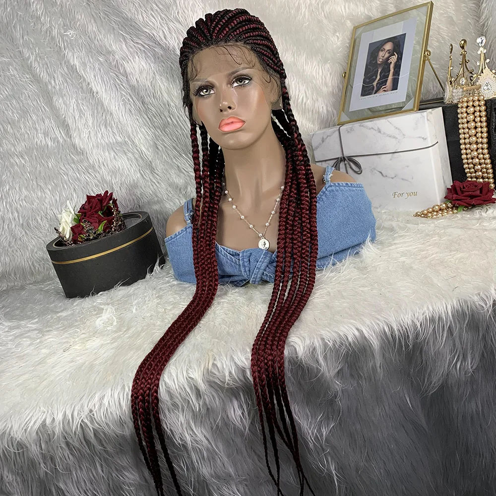 Synthetic Full Lace Cornrow Box Braids Wig 30Inch Long Braided Lace Front Wigs for Women Wine Red Cornrow Box 9 Braid Lace Wigs