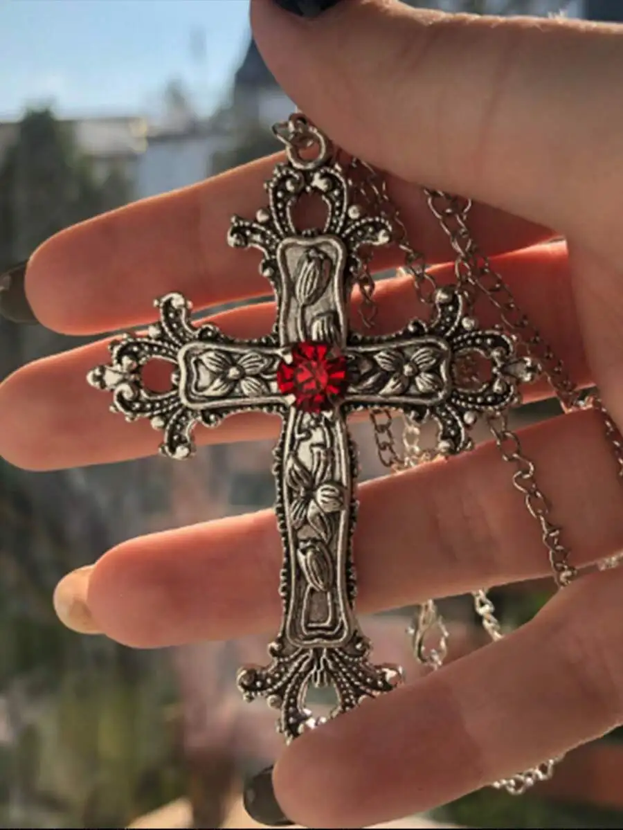 

Gothic Punk Faux Crystal Big Cross Pendant Necklace For Adults Unisex