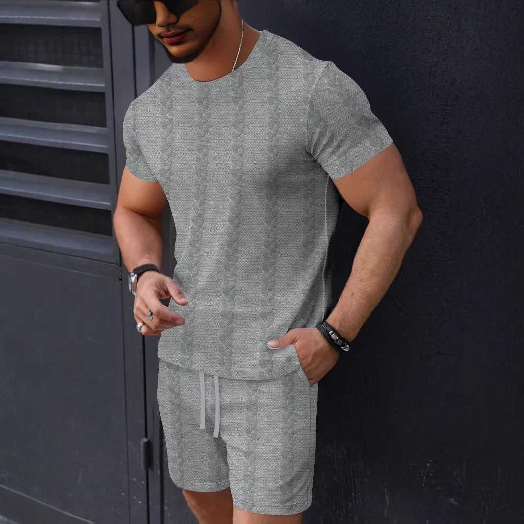 

Summer new men's suit: jacquard round-neck T-shirt, short-sleeved shorts, two-piece daily casual outfit