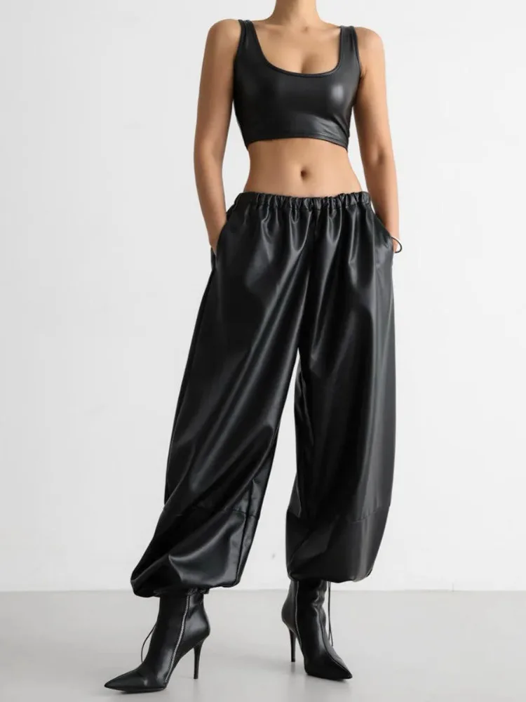 Fashion Office Lady Drawstring Ankle Cuffed Lantern Loose Retro Solid Color Women's New Autumn Winter PU Leather Pants