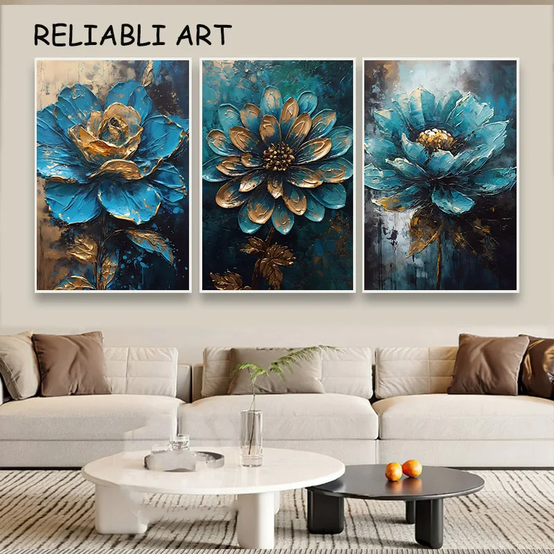 Abstract Blue Golden Flower Poster and Print, Wall Art ,Oil Painting, Canvas Painting for Living Room, Home Decor, No Frame