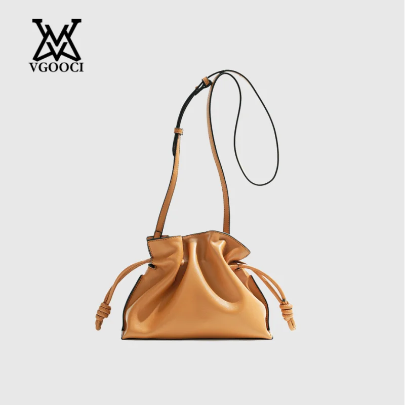 

New High-End Women's Cloud Tote Bucket Bag Soft Split Cowhide Leather Unique Drawstring Pleated Shoulder Handbag