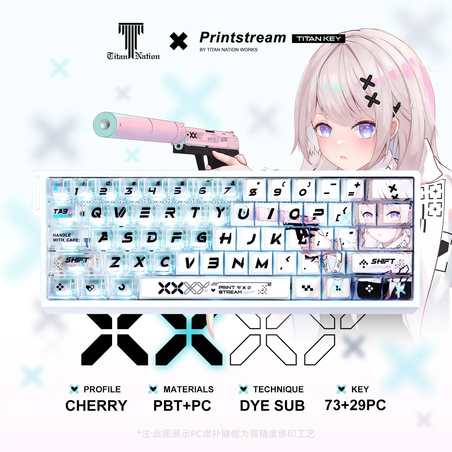 Game Keycaps Anime Printstream Girls' Keycaps for 60/65/67/68 Thermal Sublimation Chreey Keycap Side Transparent PC Small Set