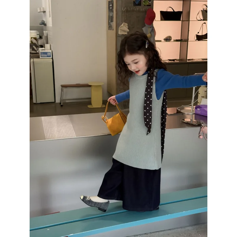 2025Autumn New Children's Clothing Children's Clothing Girls' Mid-Length Sleeve Long Knitted Dress Backless Hollow Out Dress