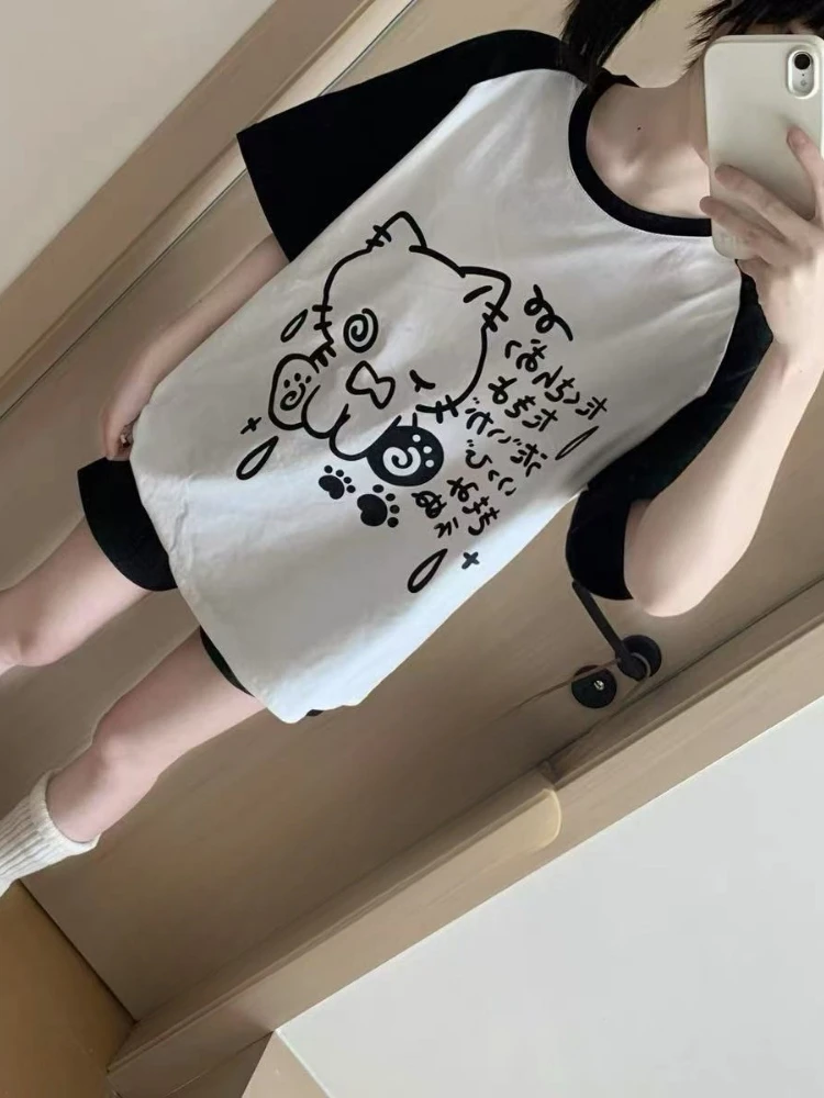 Japanese Summer Cartoon Printing T-shirts Y2k Aesthetic Casual Loose Kawaii Tops Women Contrast Color Patchwork Harajuku Tees