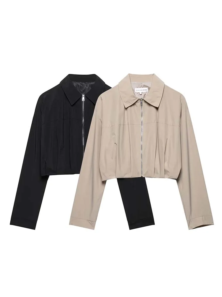 

Женские летние свободные куртки, пальто 2025 года, повседневная однотонная плиссированная женская элегантная уличная короткая куртка на молнии на молнии, верхняя одежда