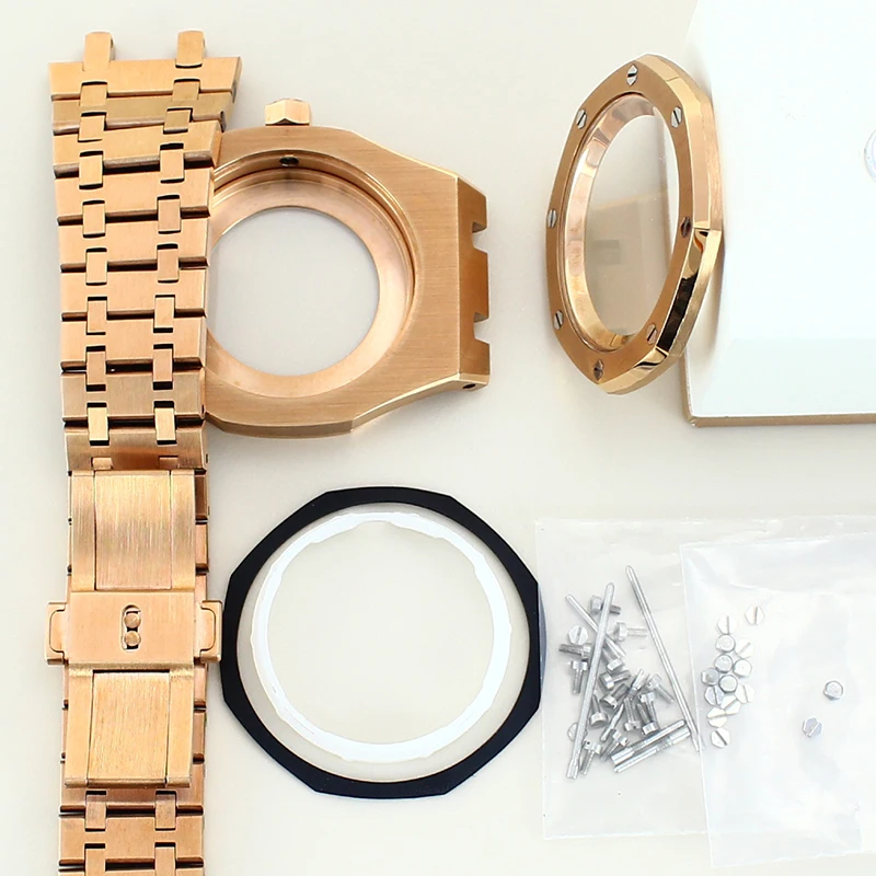 Rose Gold 41mm Brushed Design Octagonal Watch Case Watchband For Seiko NH34 NH35 NH36 NH38 Movement 28.5mm Dial 100M Waterproof