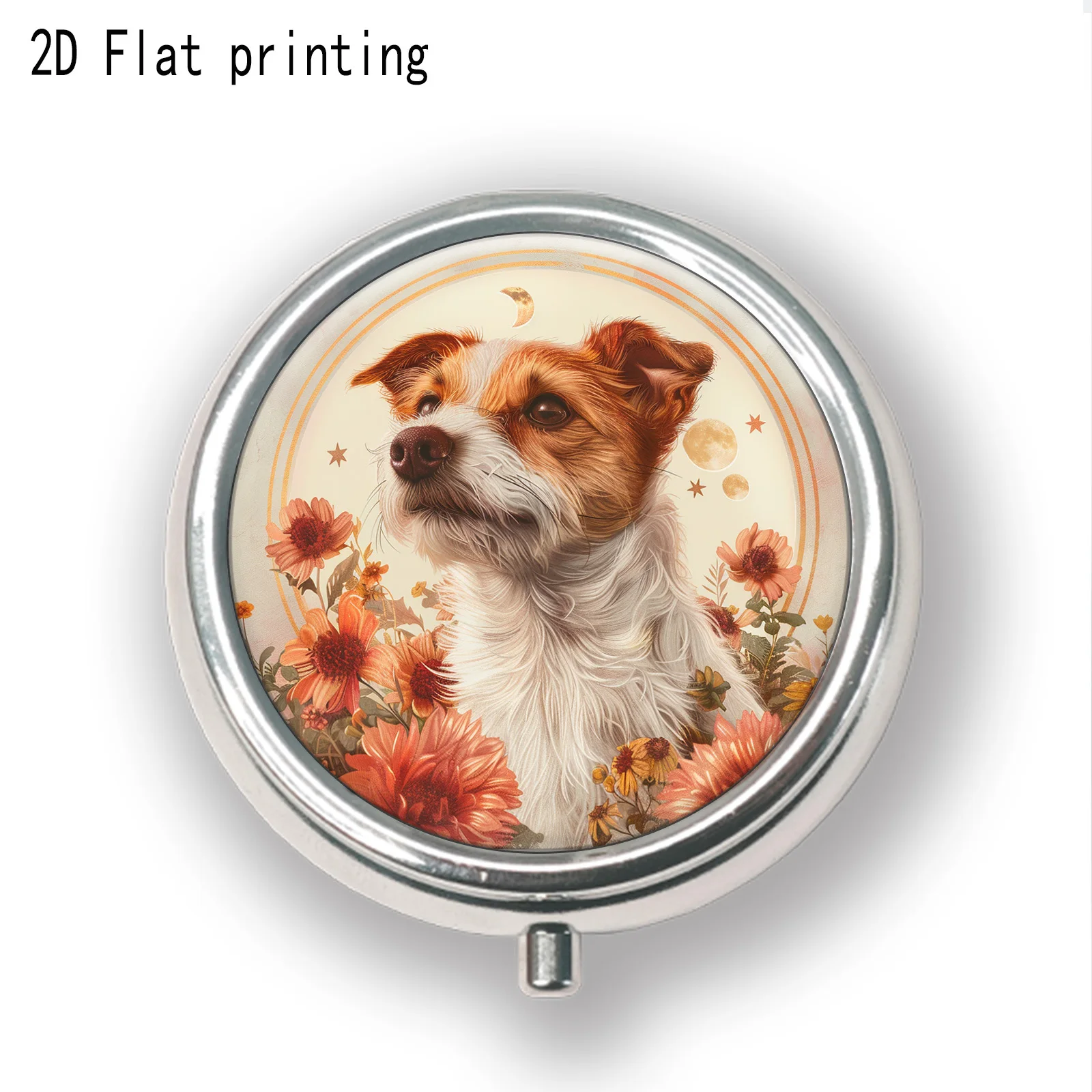Single-piece packaging, flat print, featuring a brown puppy paired with a warm-toned floral scene, round multi-compartment portable box, sealed and moisture-proof for storing vitamin pills, exquisite small accessory storage box, suitable for dog-loving girls, flat design