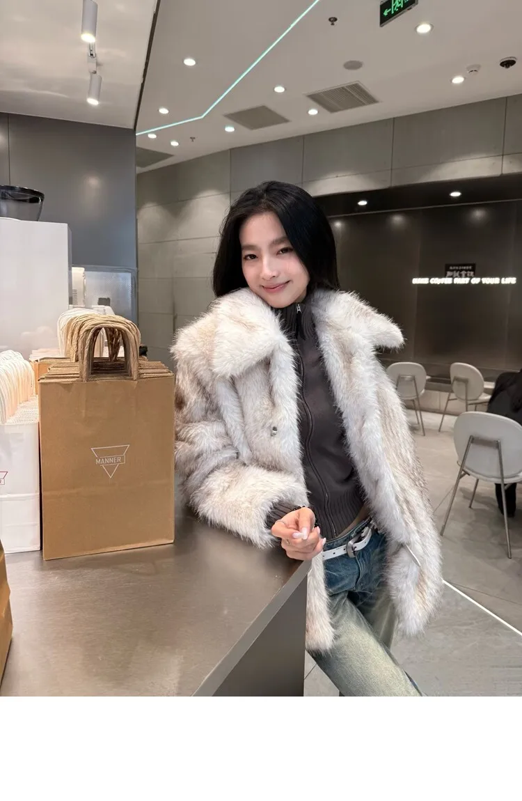 Winter Women Gradient White With Black Tips Long Hairy Shaggy Fox Faux Fur Coat Lapel Collar Midi Long Straight Shaggy Outerwear