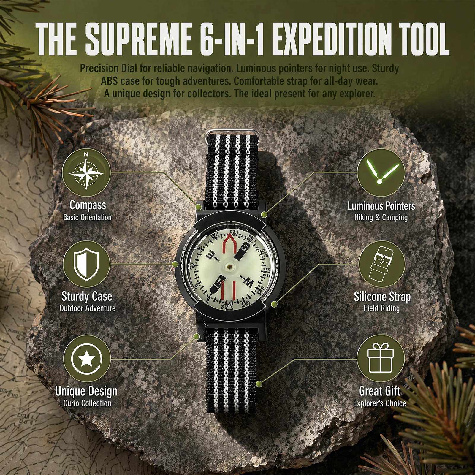 Compass Watch Outdoor Waterproof High Quality Durable Compass Luminous Adjustable Dial Watch For Camping Diving Hiking