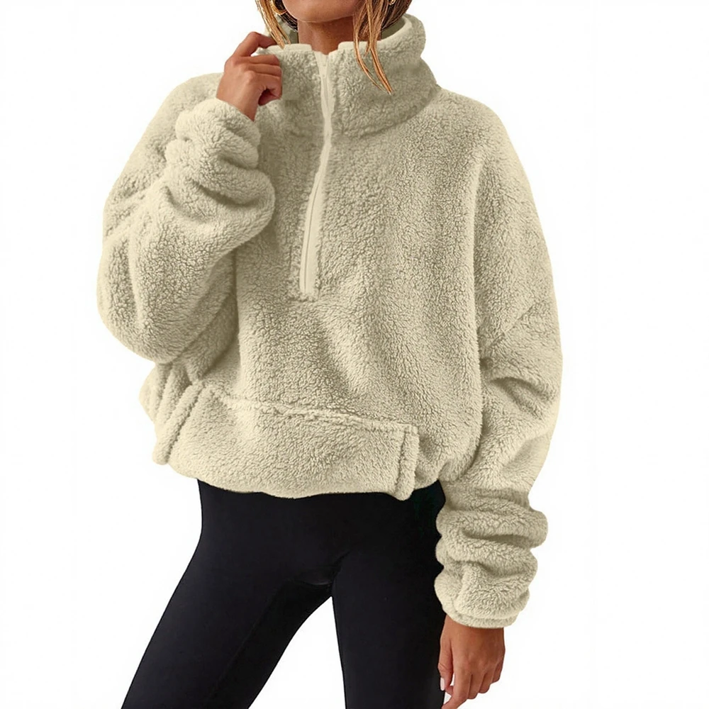 Women's Autumn Winter Hoodie Simple Chic Zipper Kangaroo Pocket Long Sleeve Stand Collar Casual Pullover for Fashionable Women