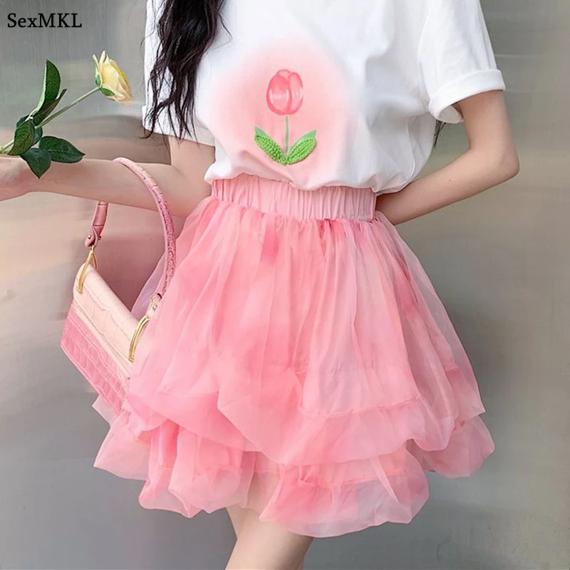 

Summer Tulle Skirt for Women Ball Gown Sweet Cute Elastic Waist Y2k Clothes Elegant Casual Lolita Party Dance Pink Mini Skirts