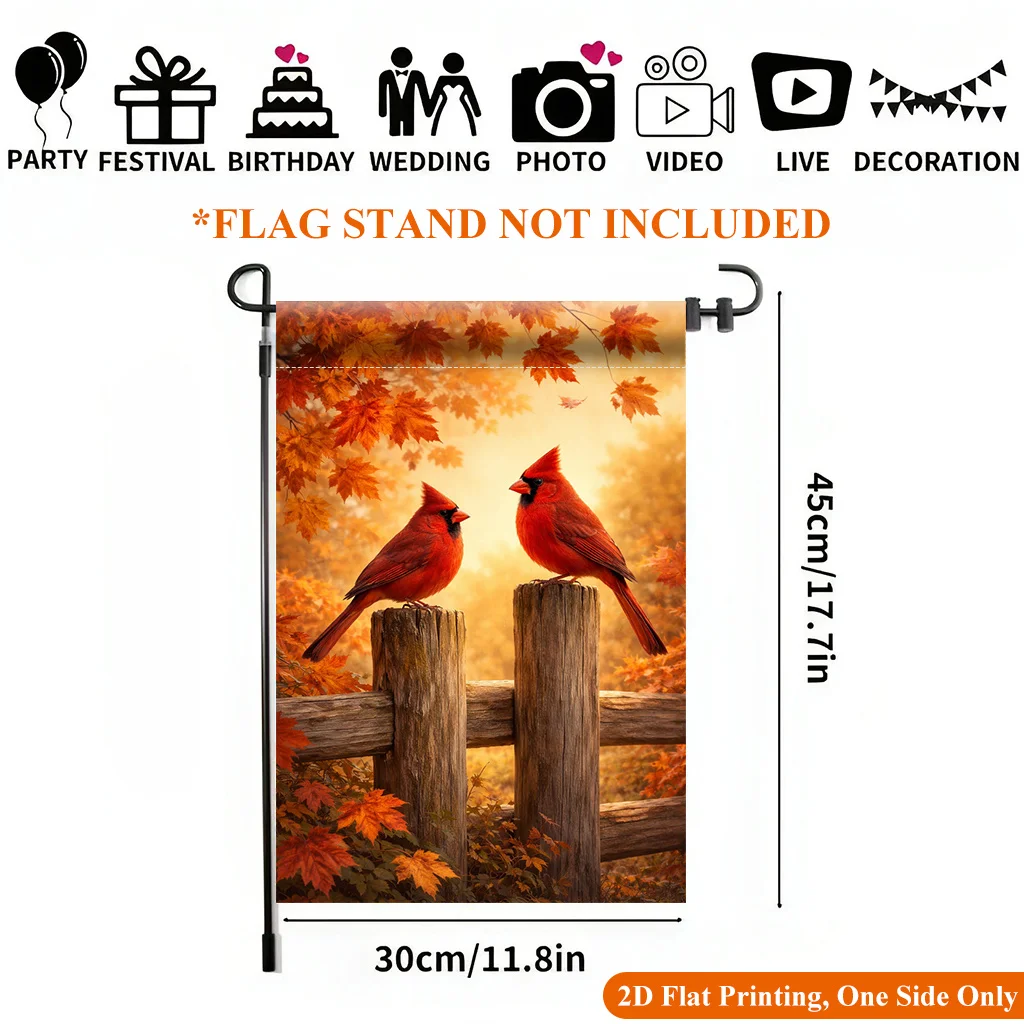 2D Flat - 2D Flat - 2D Flat Printed Garden Flag 1 Pack, Two Red Bird Flags in Fall Garden - Single Side Printed Outdoor Decor for Home and Garden, Holiday Decor, Durable Polyester, 11.8X17.7 Inches, Without Rod