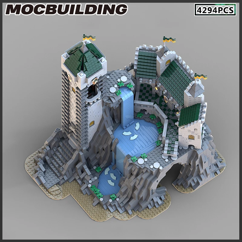 MOC Buidling Blocks architettura del castello medievale con cascata modello modulare mattoni fai da te assemblare la collezione di giocattoli regalo di natale