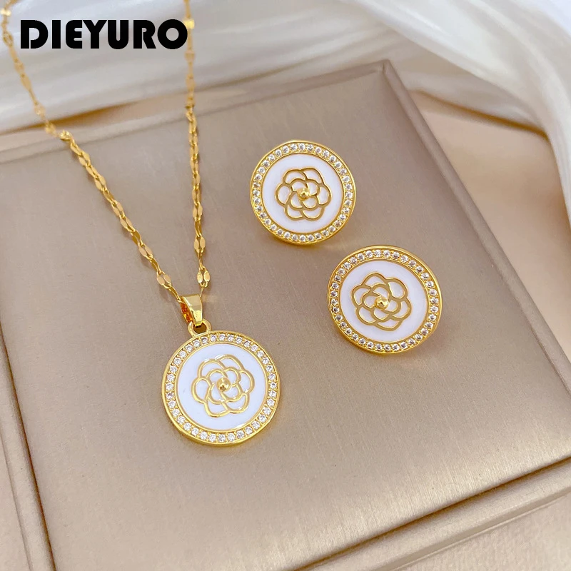 DIEYURO 316L Stainless Steel Round Flower Pendant Necklace Earrings For Women Girl New Trendy Jewelry Set Gift Party Accessories