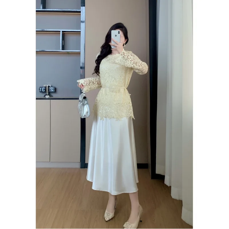 

Faionable Hollow out Knitted Set for Women Spring Summer New Sle Ele Top f Skirt Thi Synthetic Fiber Rectangular...