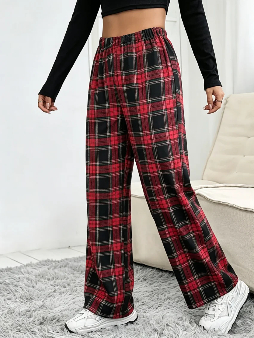 

Women's red plaid wide-leg pajamas high waist elastic waist leisure pajamas elastic soft daily household necessities.