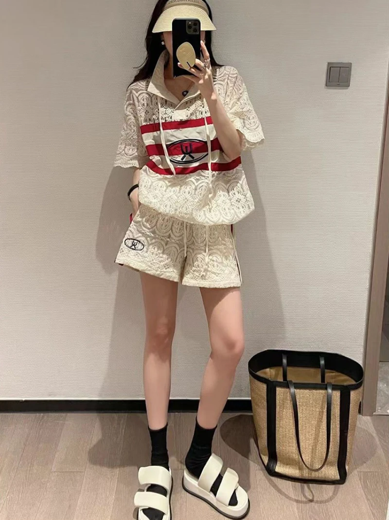 Summer Hollow Lace Two-piece Women\'s 2023new Fashion Street Short-sleeved Striped Top + Casual Lacetracksuit Women Two Piece Set