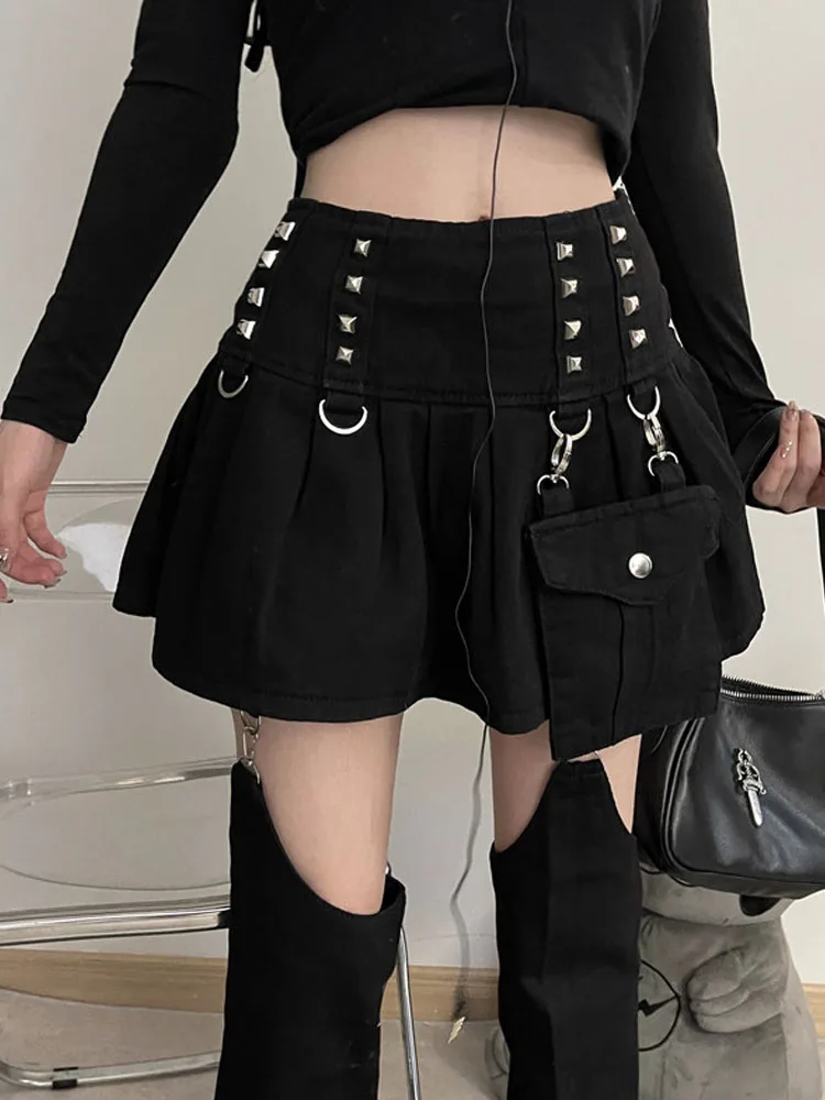 Harajuku Dark Style Pants High Waist Removable Hollow Out Design Detachable Women's Skirt Trouser Rivet Pleated Black Denim Pant