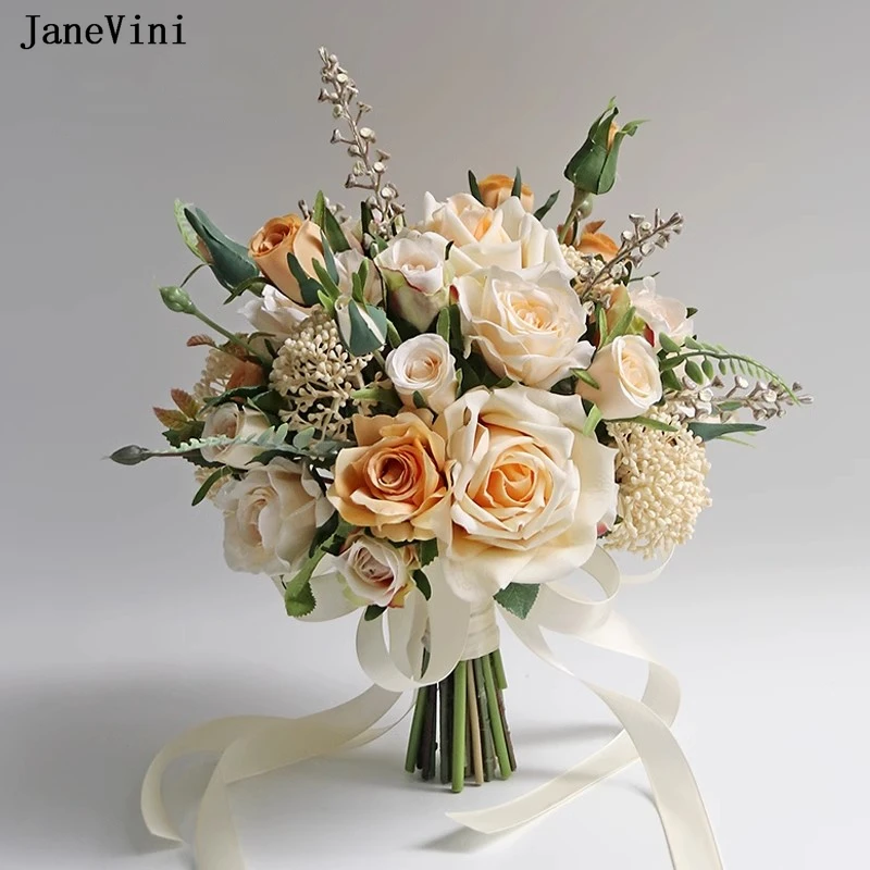 JaneVini Elegant Champagne Bridal Bouquets Artificial Silk Roses Real Touch Brides Holding Flowers Hydrangea Wedding Accessories