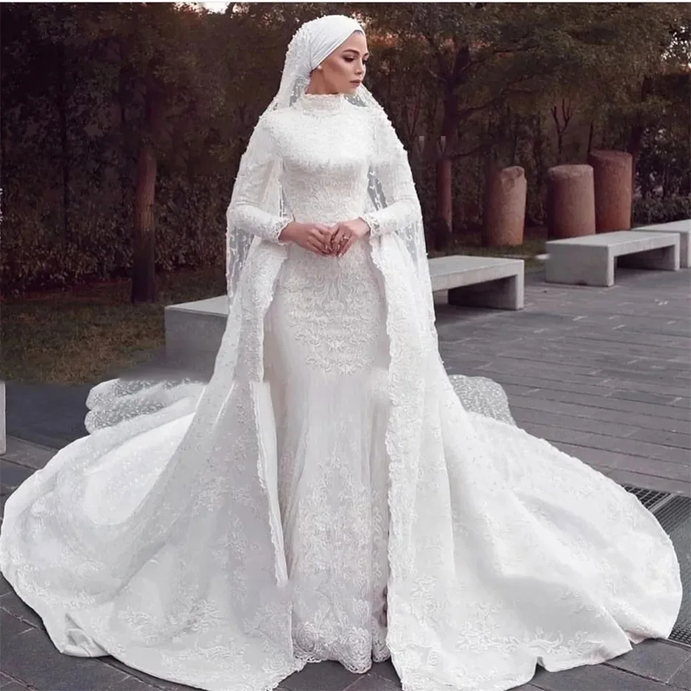 Muslim Mermaid Wedding Dresses with Detachable Train Lace Appliques Bridal Gowns Customized High Quality Women Clothing