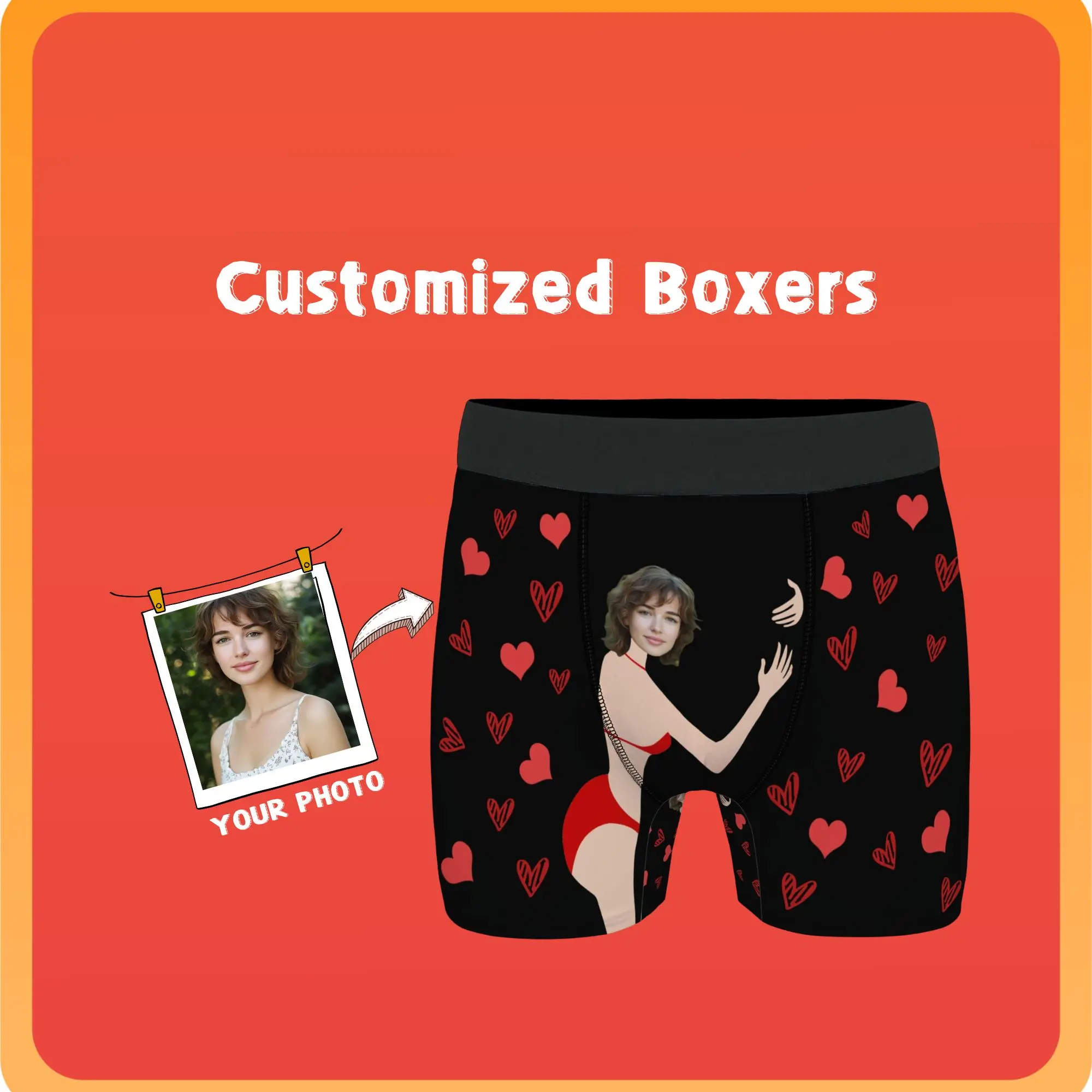 

Personalized Valentine's Gift for Boyfriend Custom Face Men's Boxer Briefs Black Red Heart Print Funny Romantic Unique Present