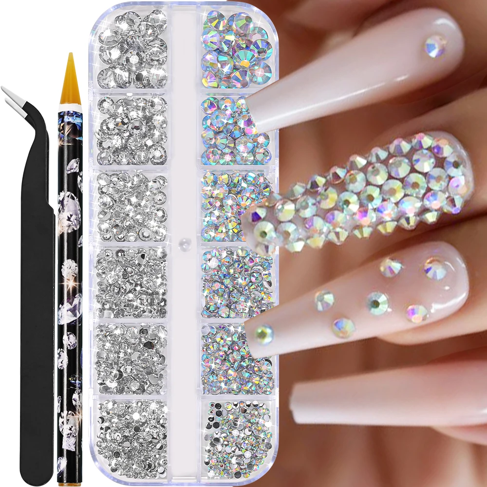 970-1020Pcs Pink&Clear Nail Rhinestone Kit With Wax Pencil+Tweezers Boxed Shiny Crystal 0.2-0.6cm Mixed 12 Grids Luxury Diamond