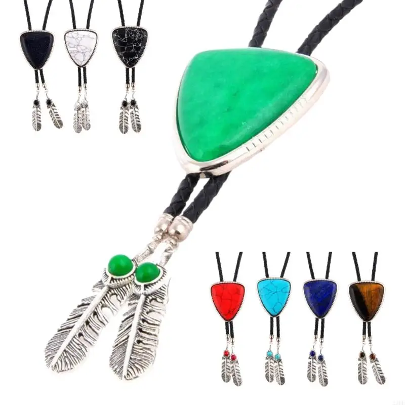 23GE Men Women Bolo Tie Cowboy Necktie Leather Rope Necklace Triangular Stone Feathered Pendant Jewelry Shirt Collar Chain