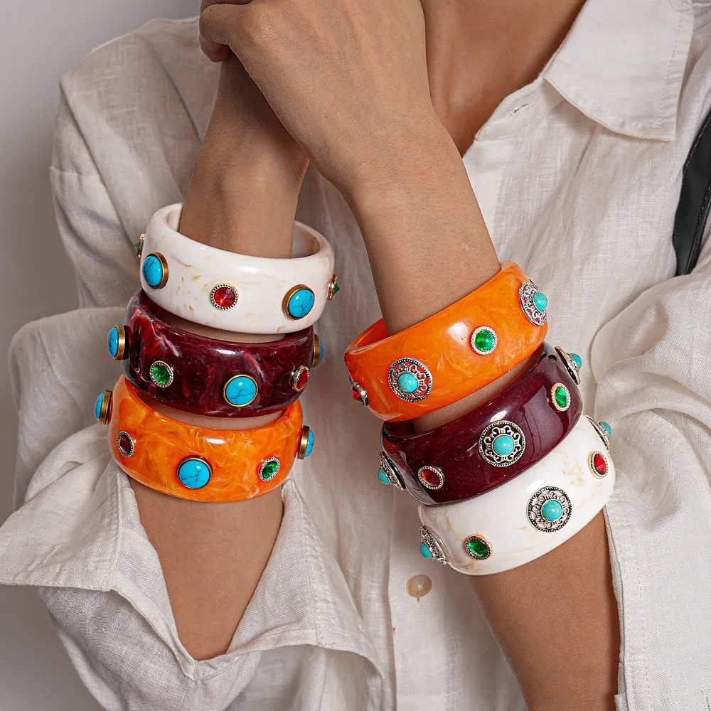 

Bohemian Turquoise Acrylic Bracelet Wide Turquoise Acrylic Rhinestone Bangle Minority Design Europe American Style