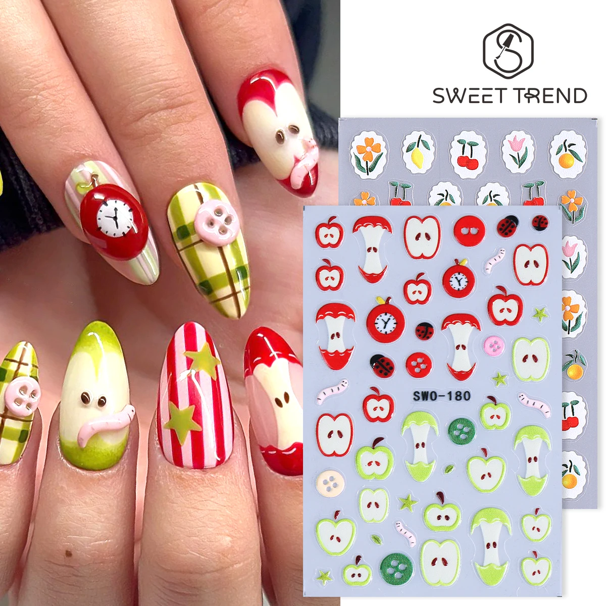 2pcs Adorable Apple Matte Nail Sticker Bitten Apple Core Caterpillar Ladybug Button Element Adhesive Decals Summer Manicure Tips