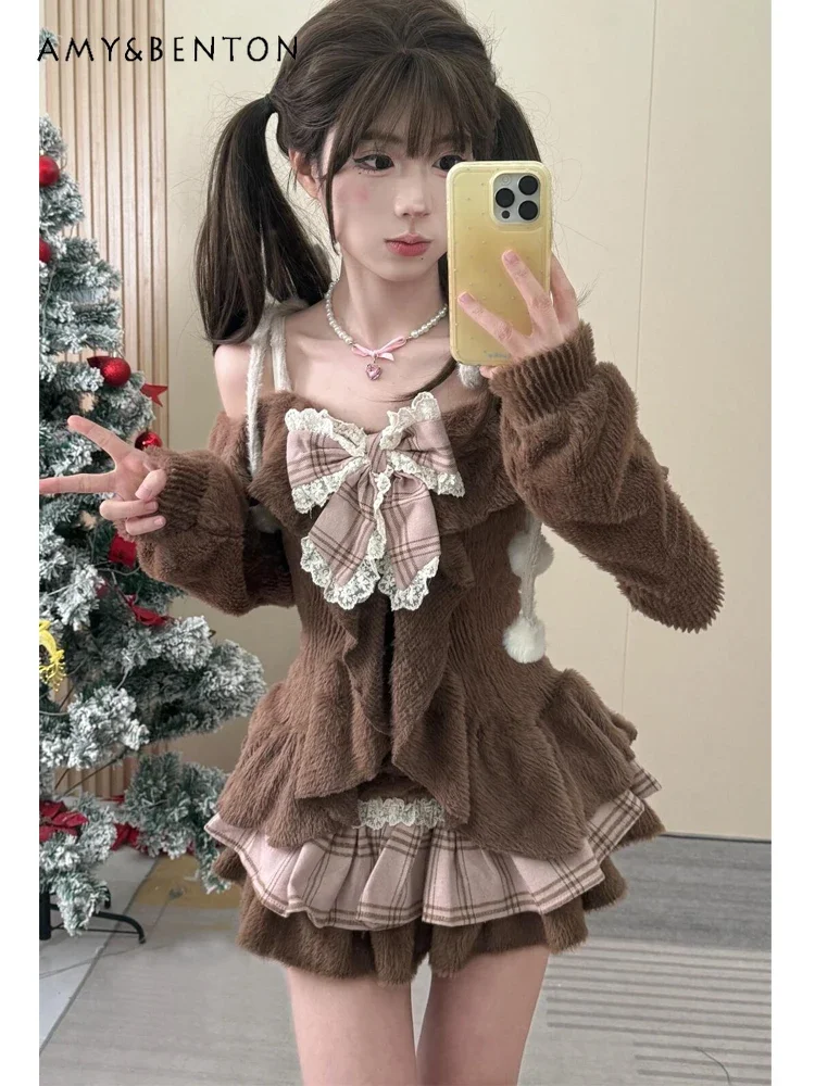 Girl Vintage Autumn Winter Brown Suit Off Shoulder Mink Hair Top + Plaid Skirt Hot Girl Sweet Cool 2 Piece Sets Womens Outfits