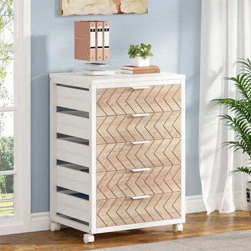 5-Drawer File Cabinet, Wood Mobile Storage Unit, Beige & White