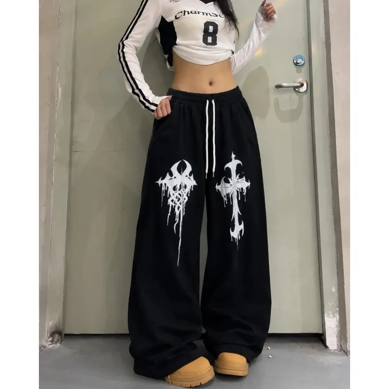 2026 Autumn New Fashion Trends Gothic Vertical Graphic Wide Leg Sweatpants Drawstring Men Women Loose Straight Baggy Y2K Pants