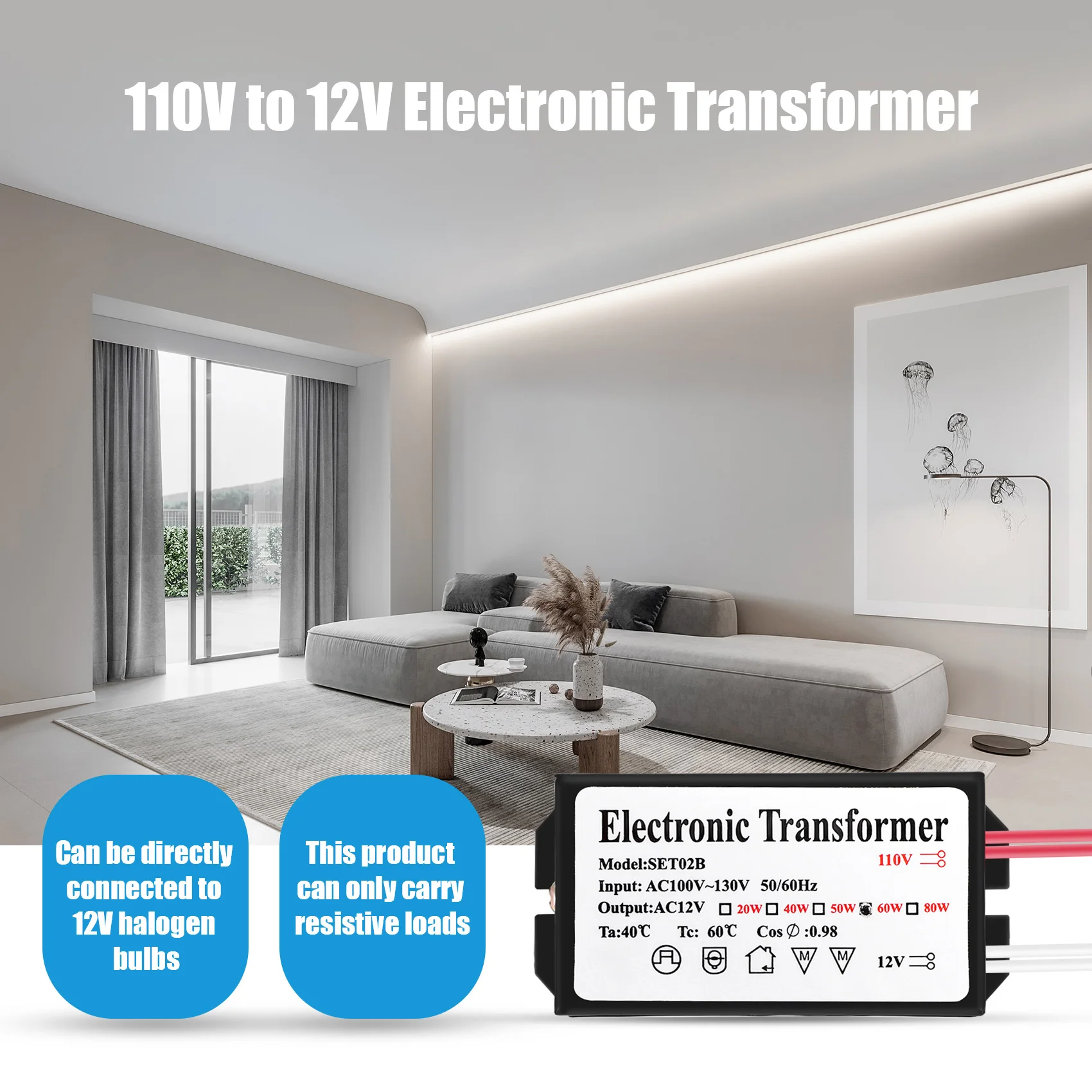 Convertidor de fuente de alimentación de luz halógena, Transformador electrónico, 110V a 12V, 60W