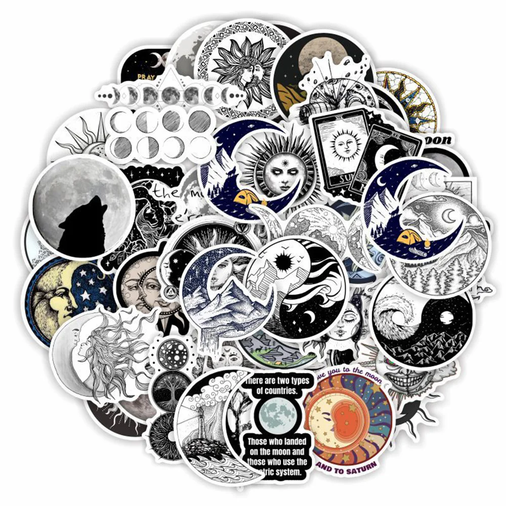 10/30/50PCS Black White Retro Moon Planet Sun Sticker DIY Phone Laptop Luggage Skateboard Graffiti Decals Fun for Kid Toys