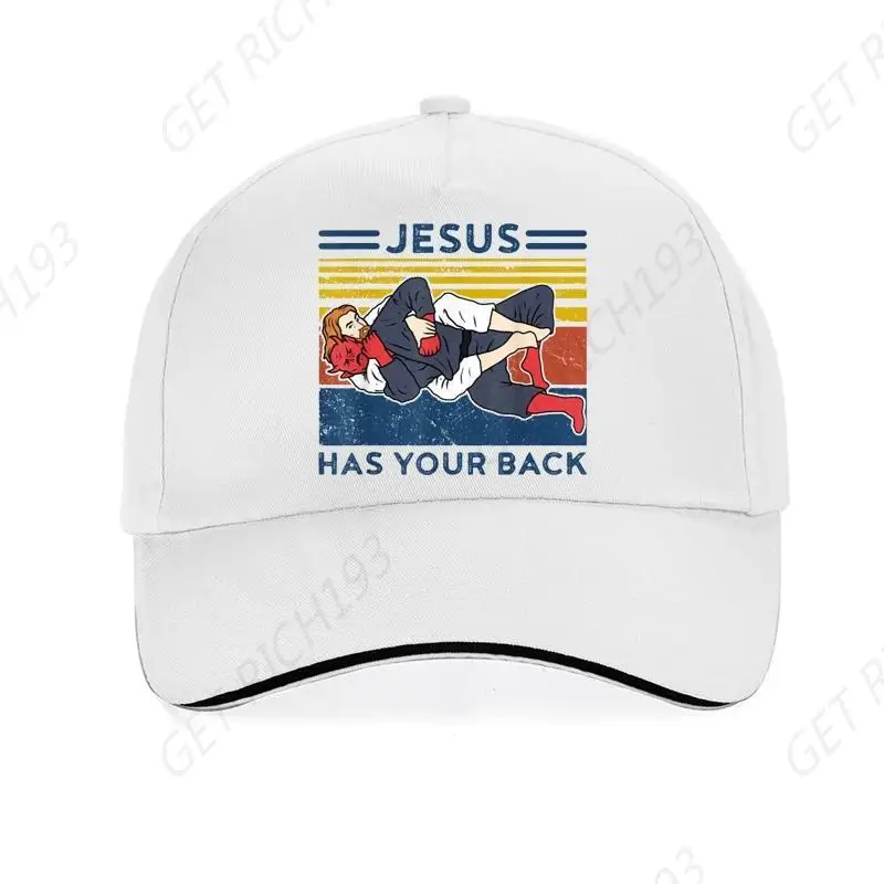 

Men Jesus Has Your Back Jiu Jitsu Vintage Christian Hat Kawaii Women Men Baseball Cap Summer Golf Adjustable Snapback Caps