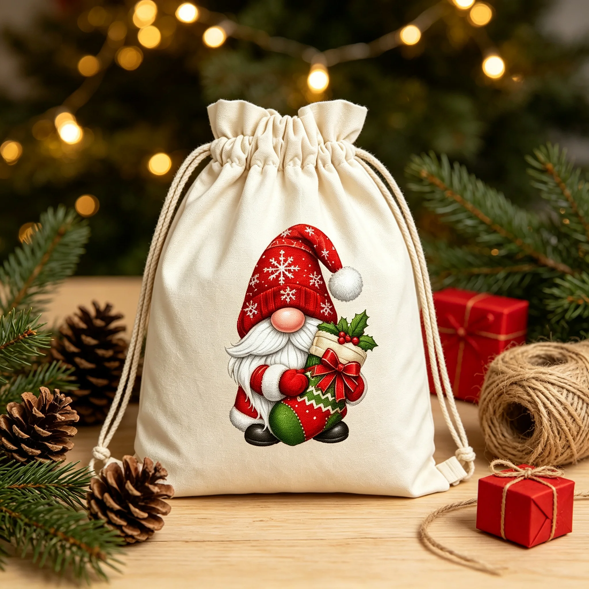 Christmas Gnome Drawstring Gift Bag Xmas Santa Gnome Print Sack Holiday Treat Pouch Christmas Party Favor Storage Gift Pouch