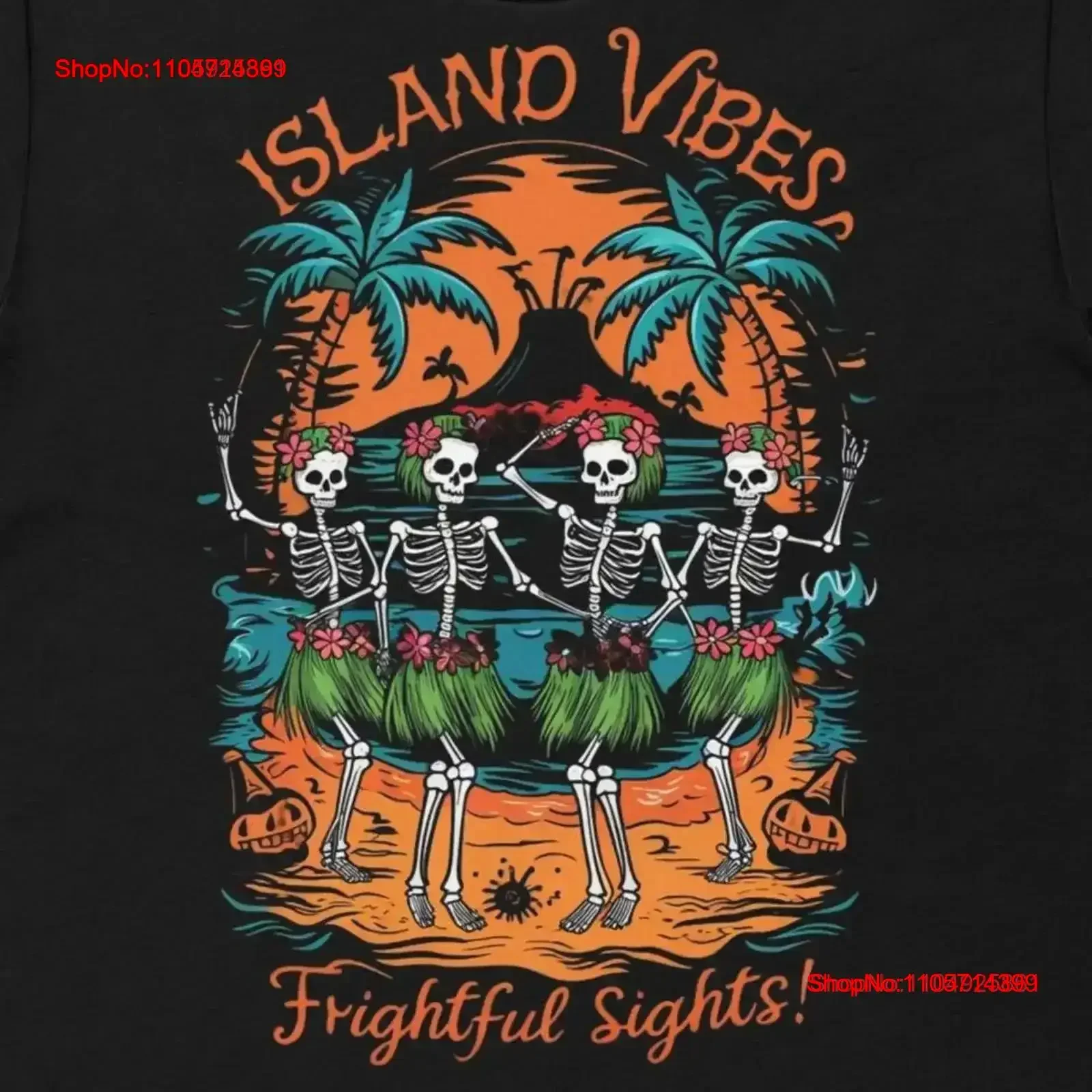 Island Vibes Frightful Sights Mens T shirt Creative Spooky Womans Hawaiian Scary Skeleton Funny Beachfront hula girl top Soft